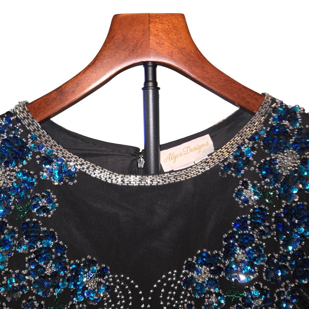 Alyce Designs VTG Gown Womens Sz 12 Black & Blue Sequin Beaded Silk Formal Dress - Picture 5 of 12